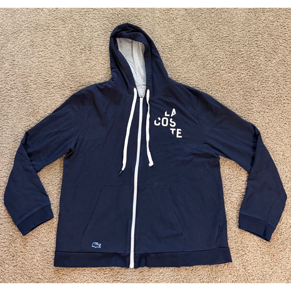 Lacoste Mens XL Sleepwear Full Zip Hoodie Navy Blue Logo Loungewear